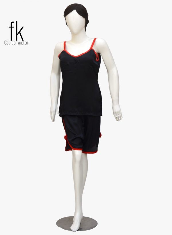 Black Silk Cami with Short in Red Piping Elegant Sleepwear