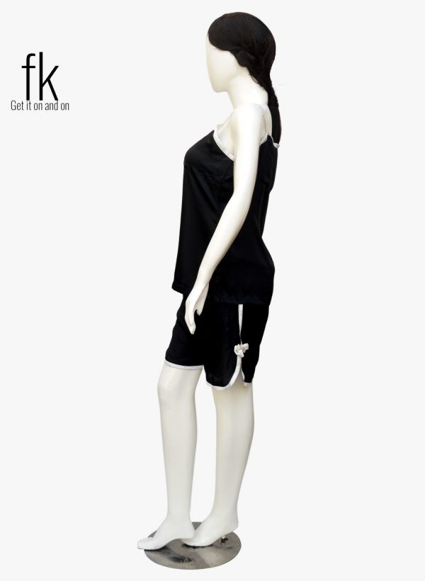 Black Silk Cami with Short in White Piping Elegant Sleepwear